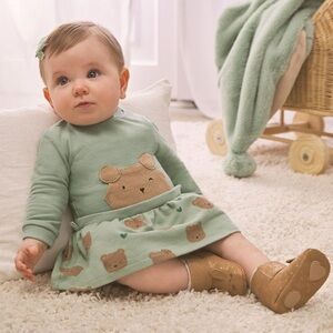 Size 4-6 months Mayoral Mint Green Bear Print Dress with Tan Shoes